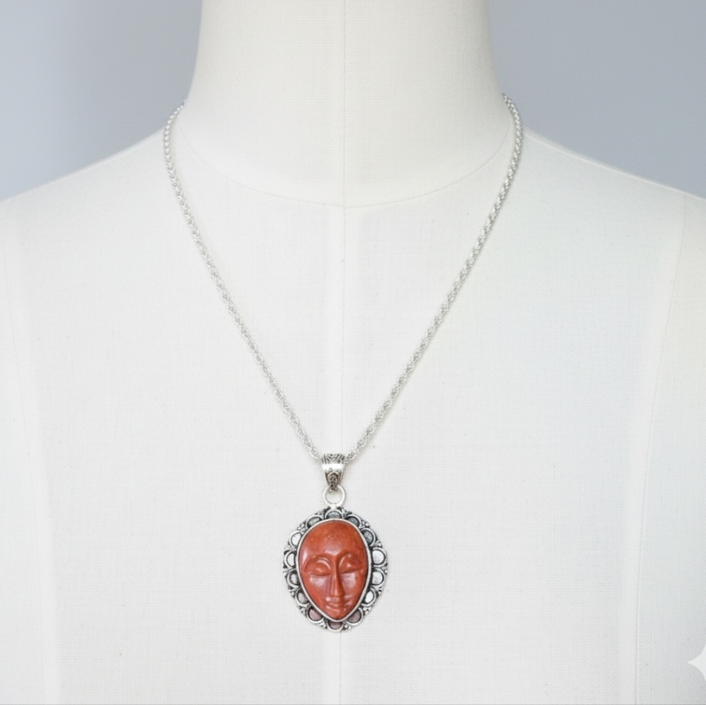 Sandstone 20" NEW Mask Face Necklace Silver Plated Rope Chain Gemstone Jewelry